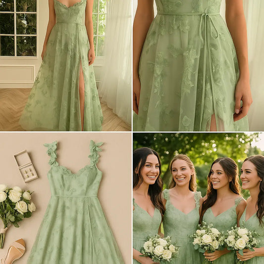 “Mint green floral bridesmaid dress in A-line silhouette with sheer embroidered overlay and thigh-high slit, displayed on a mannequin in sunlit room”