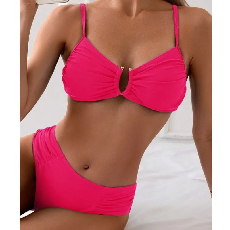 “2025 women’s push‑up high‑waist bikini set in pink, showing wire‑free padded top and high‑waist bottoms”