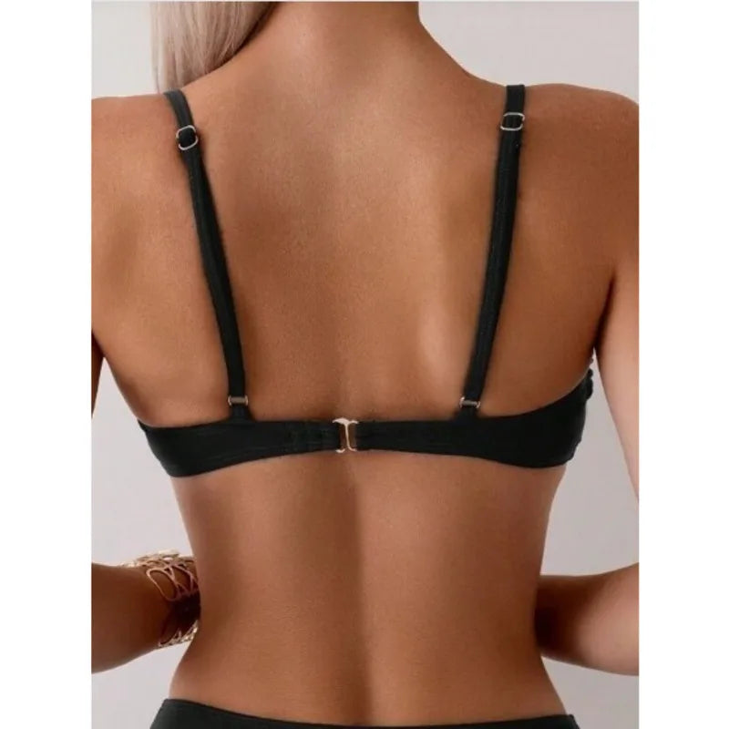 “2025 women’s push‑up high‑waist bikini set in black back view , showing wire‑free padded top and high‑waist bottoms”