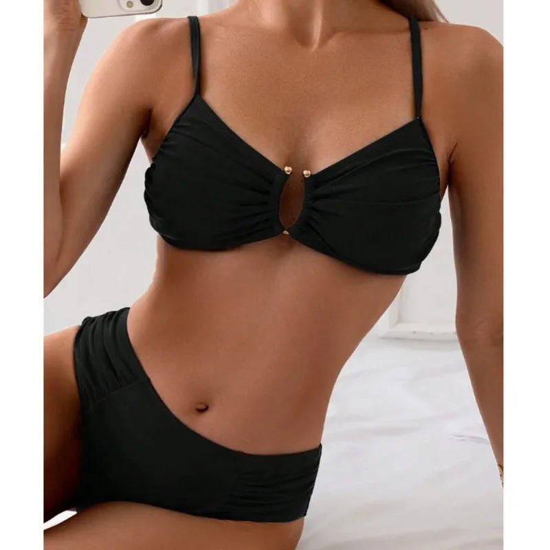 “2025 women’s push‑up high‑waist bikini set in black , showing wire‑free padded top and high‑waist bottoms”